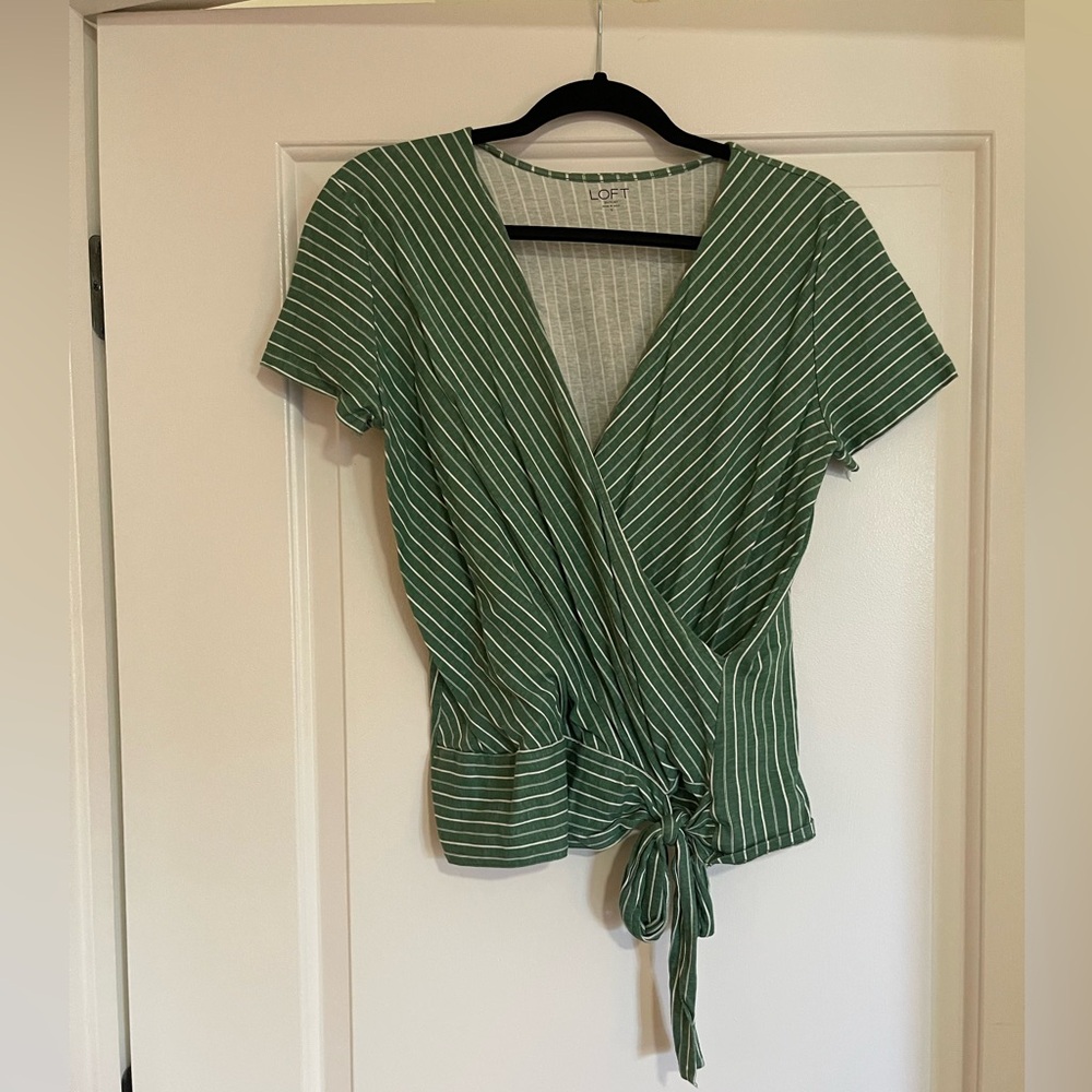 LOFT Forest Green Striped Tie Blouse